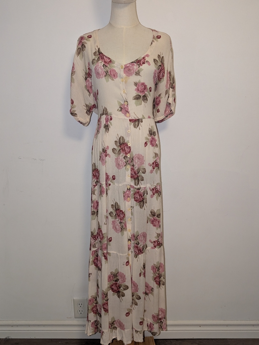 Vintage Cream Maxi Dress with Pink Rose Print